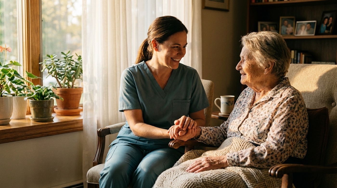 A home care nurse sitting with an elderly woman in her sunlit living room, holding hands and smiling