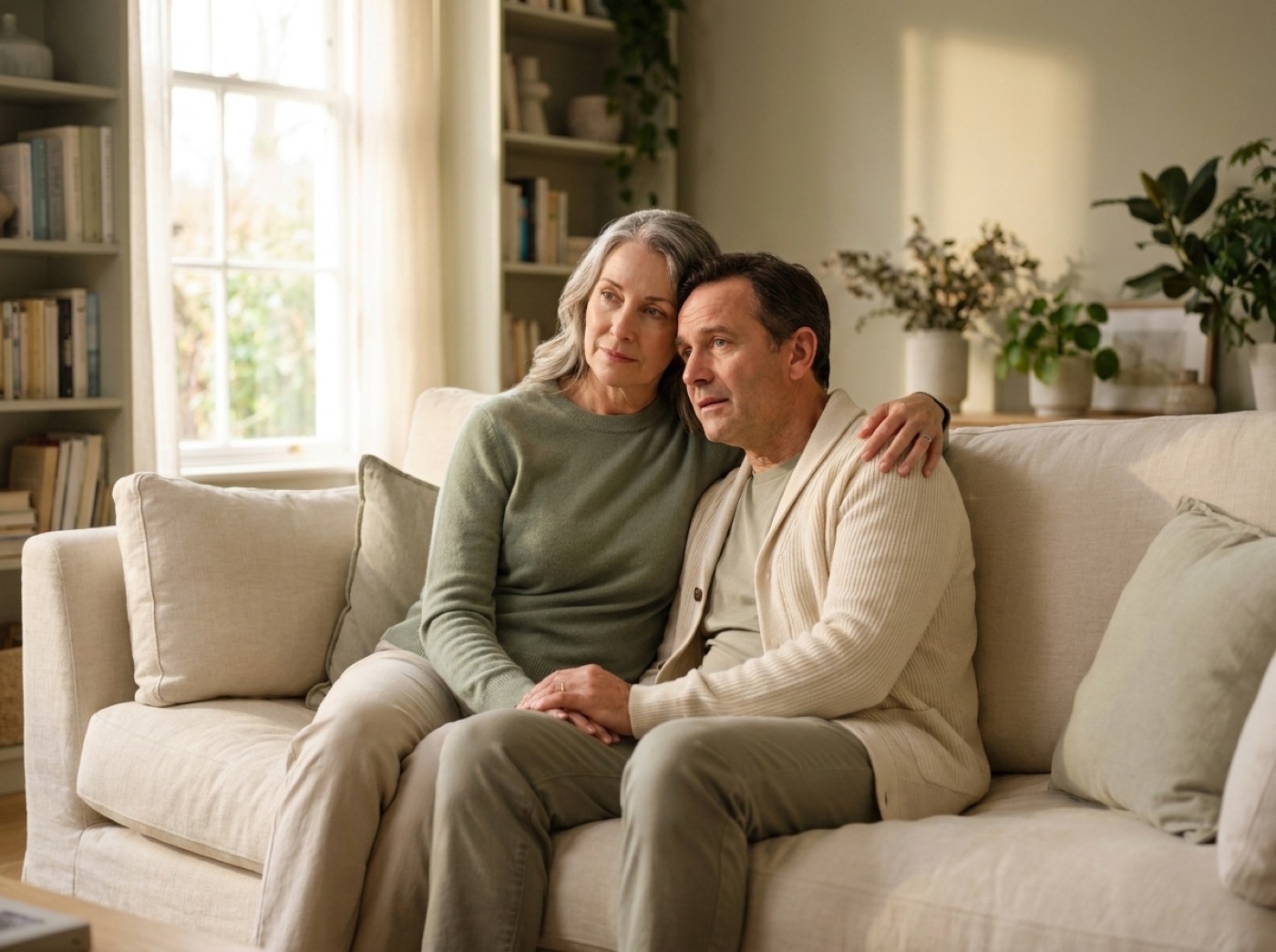 Two family members sitting together on a sofa, one comforting the other