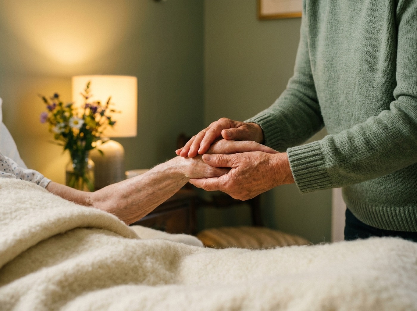 A caregiver gently massaging a patient's hand resting on a soft blanket