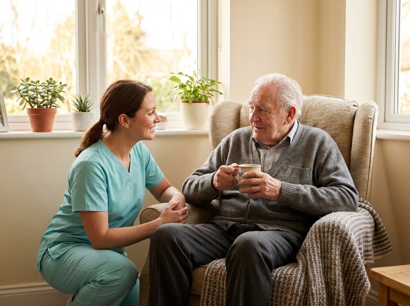 A nurse kneeling beside an elderly man in an armchair by a sunny window
