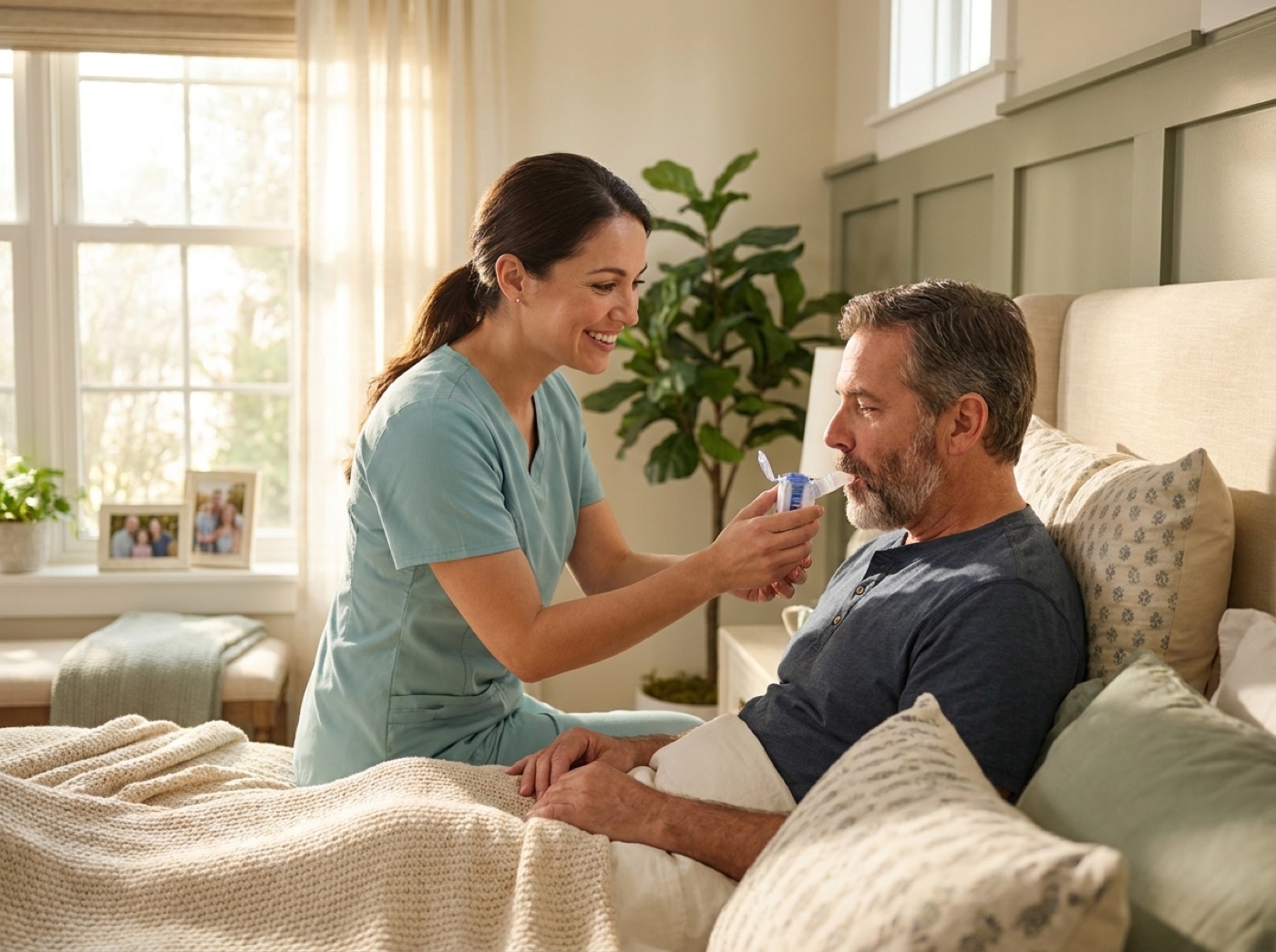 A respiratory therapist helping a patient with a breathing exercise at home